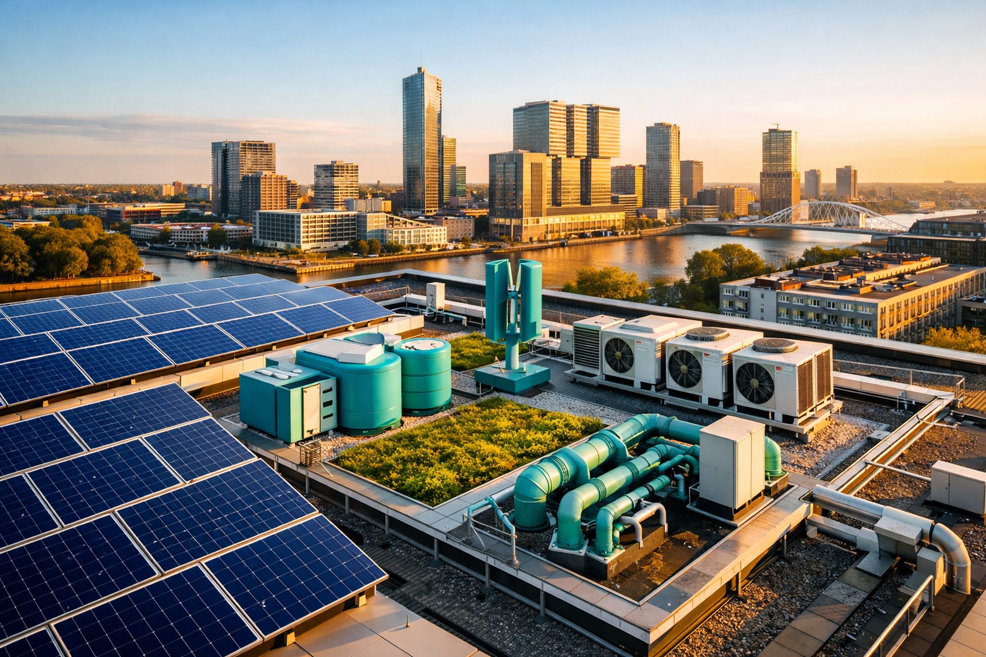 Dak van een modern gebouw met zonnepanelen, warmtepompen en groene infrastructuur